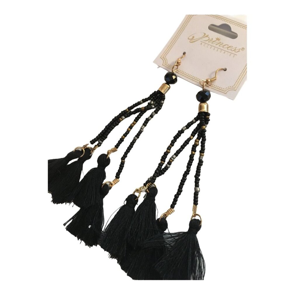 Black Gold XL Beaded BOHO Gypsy Festival Fringe Tassel Hippie 5" Earrings NWT - Picture 2 of 3